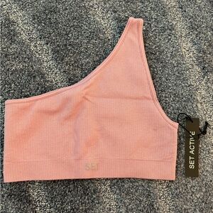 Pink Set active one shoulder sports bra.